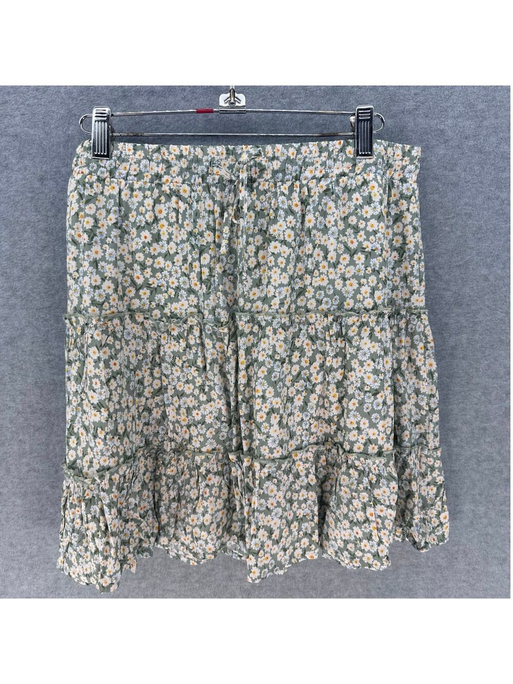 Alelly Woman’s L Daisy Print Green Mini Skirt Cotton Drawstring Beach Y2K Style